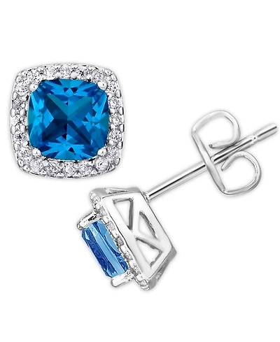 Birthstone Cushion Halo Solitaire Stud Earrings Silver Plate