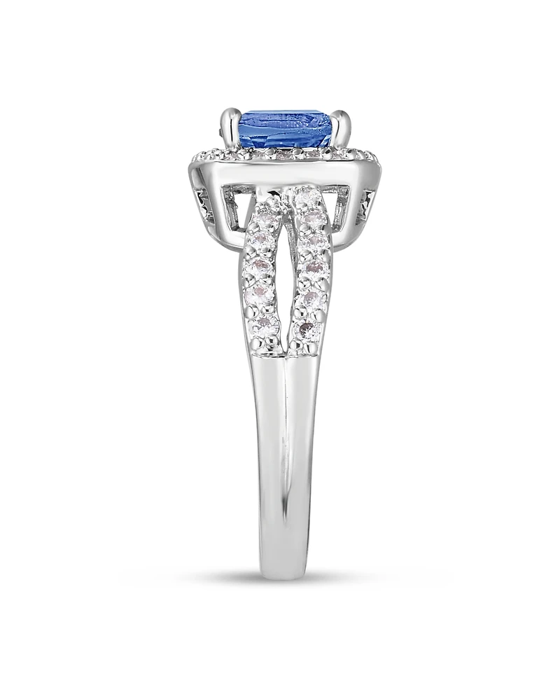 Simulated Birthstone Cushion Cubic Zirconia Halo Solitaire Ring Silver Plate