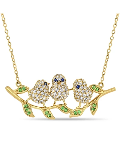 Lab Grown Blue and White Sapphire (1 1/4 ct. t.w.) Tsavorite (1/6 ct. t.w.) Leaf Chick Necklace in 18k Gold Over Sterling Silver