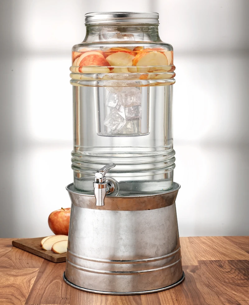 Circle Glass Breeze Beverage Dispenser with Ice Insert, Fruit Infuser and Galvanized Base, 2.4 Gal