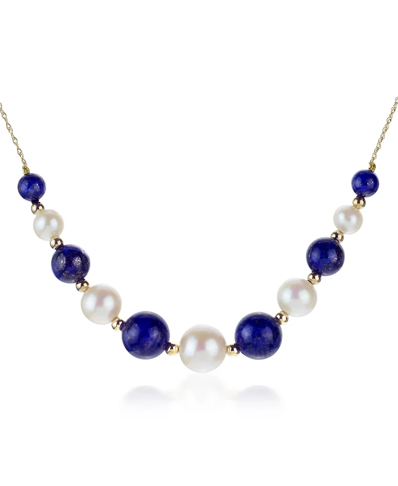 White Freshwater Cultured Pearls (6.5-9.5mm) with Blue Lapis (27 ct. t.w), and Gold Beads (3mm) 18" Necklace 14k Yellow Gold. Also Available O