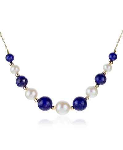 White Freshwater Cultured Pearls (6.5-9.5mm) with Blue Lapis (27 ct. t.w), and Gold Beads (3mm) 18" Necklace 14k Yellow Gold. Also Available O