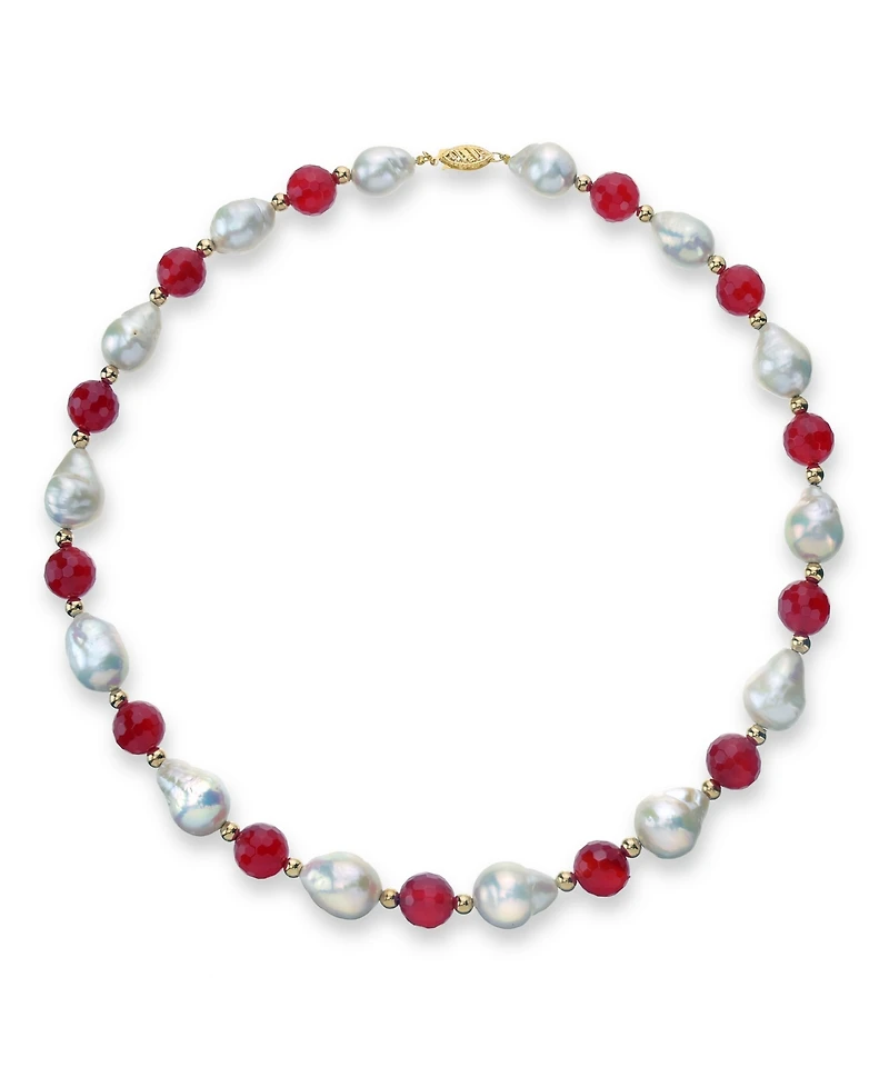White Baroque Freshwater Cultured Pearl (12-13mm) with Red Agate (91 ct. t.w) and Gold Beads (4mm) 18" Necklace in 14k Yellow Gold. Also Available wit