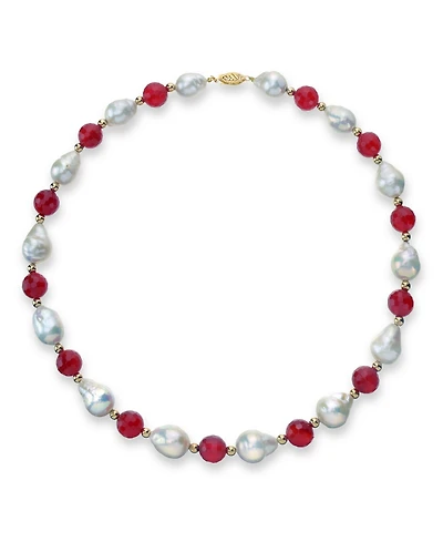 White Baroque Freshwater Cultured Pearl (12-13mm) with Red Agate (91 ct. t.w) and Gold Beads (4mm) 18" Necklace in 14k Yellow Gold. Also Available wit