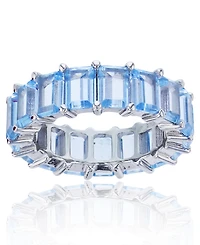 Created Light Blue Spinel Emerald Cut Eternity Band Rhodium Plated Sterling Silver