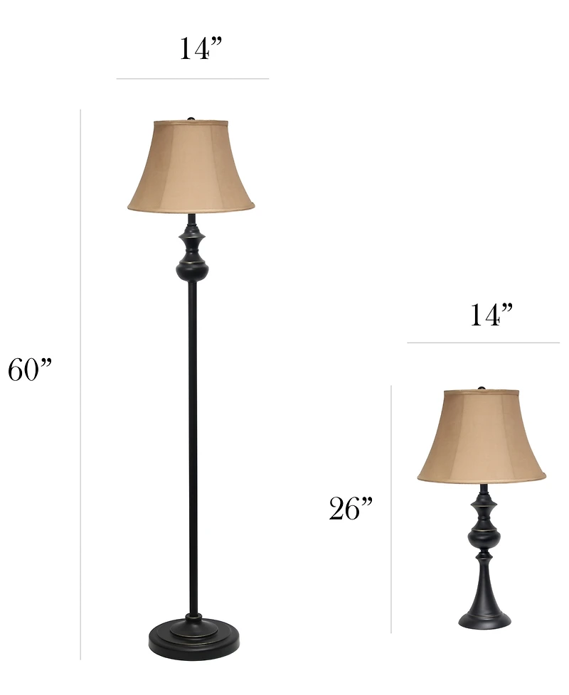 Elegant Designs Traditionally Crafted 3 Pack Lamp Set 2 Table Lamps, 1 Floor Lamp Shades