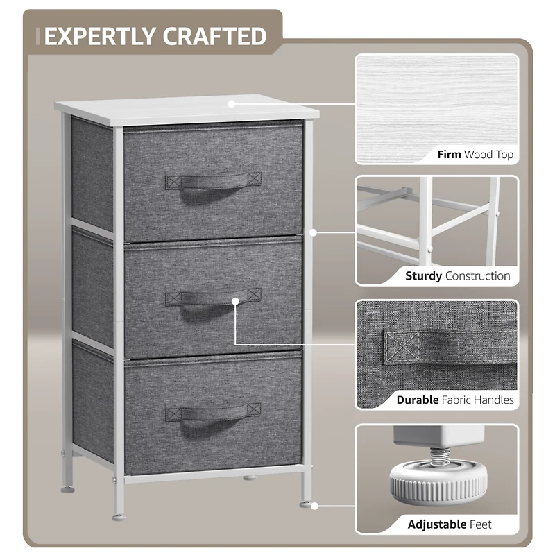 Sorbus Nightstand with 3 Drawers - Steel Frame, Wood Top & Easy Pull Fabric Bins Perfect for Home, Bedroom, Office College Dorm