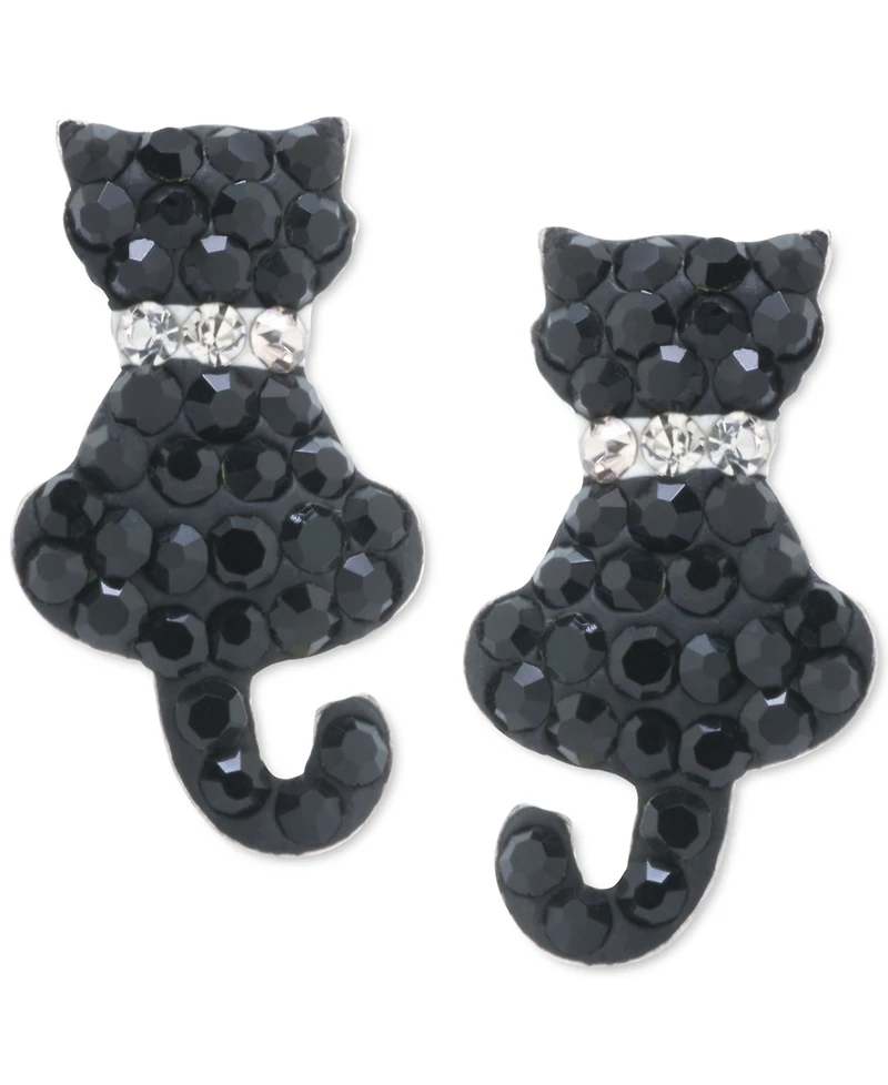 Crystal Black & White Pave Cat with Collar Stud Earrings in Sterling Silver
