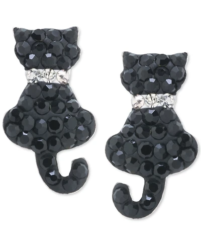 Crystal Black & White Pave Cat with Collar Stud Earrings in Sterling Silver