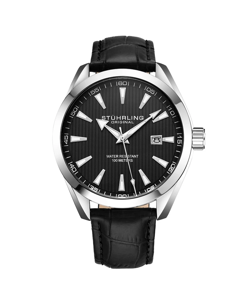 Stuhrling Men's Black Leather Strap Watch 42mm