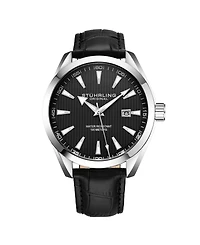 Stuhrling Men's Black Leather Strap Watch 42mm