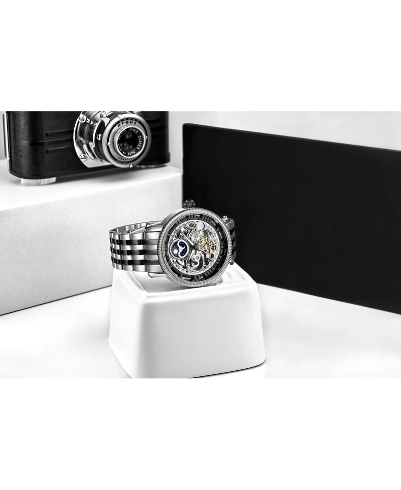 Stuhrling Men's Black - Silver Tone Stainless Steel Bracelet Watch 49mm