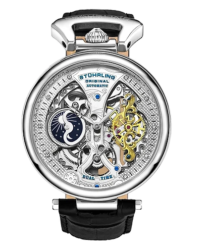 Stuhrling Men's Black Leather Strap Watch 46mm