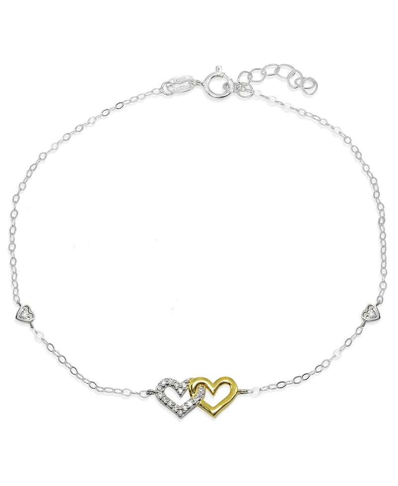 Cubic Zirconia Pave Interlocking Hearts Ankle Bracelet in Sterling Silver or Two Tone Sterling Silver & 18K Gold-Plated Sterling Silver