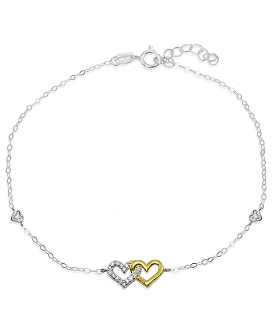 Cubic Zirconia Pave Interlocking Hearts Ankle Bracelet in Sterling Silver or Two Tone Sterling Silver & 18K Gold-Plated Sterling Silver