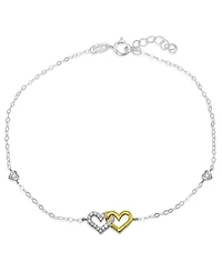 Cubic Zirconia Pave Interlocking Hearts Ankle Bracelet in Sterling Silver or Two Tone Sterling Silver & 18K Gold-Plated Sterling Silver