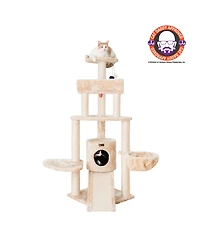 Armarkat Spacious Thick Fur Real Wood Cat Tower With Basket Lounge, Ramp, Beige Activity Center With Scratching Posts Stand House A5806
