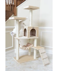GleePet GP78570921 57-Inch Real Wood Cat Tree In Beige With Perches, Running Ramp, Condo And Hammock