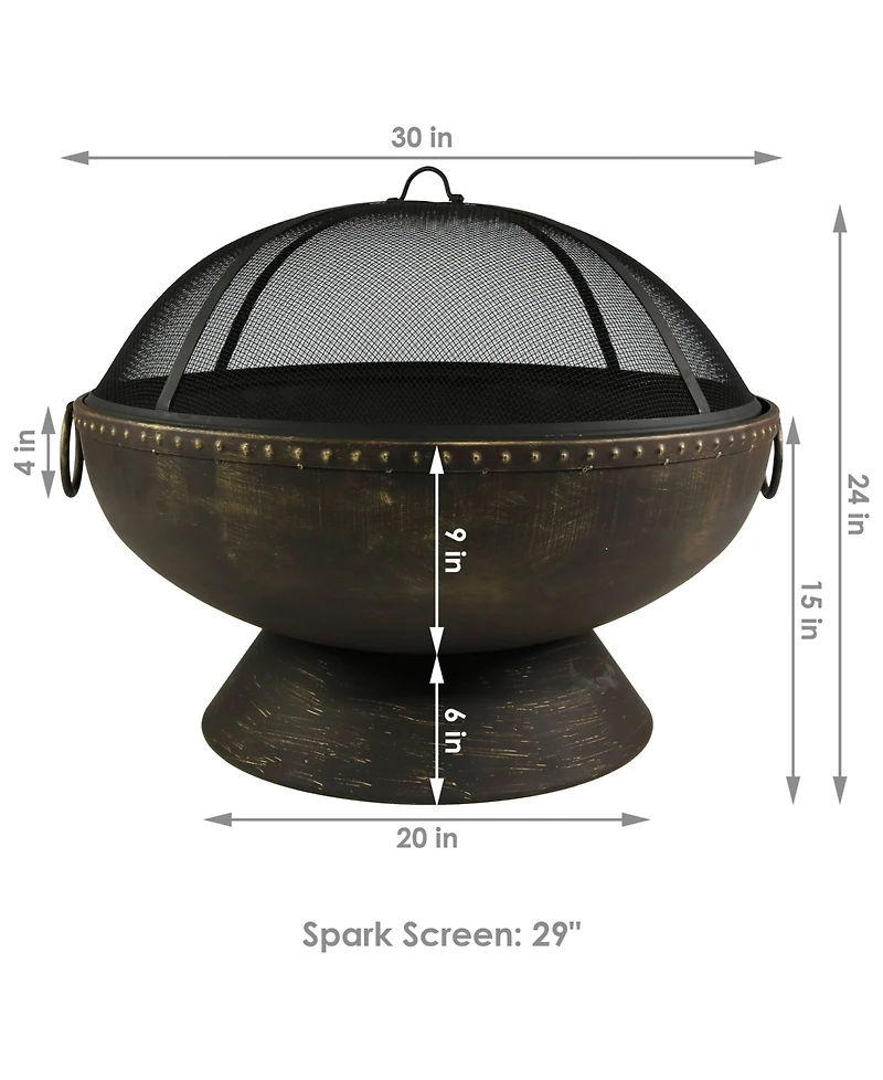 Outdoor Camping or Backyard Large Fire Pit Bowl with Spark Screen, Log Poker, and Metal Wood Grate - 30" - Bronze