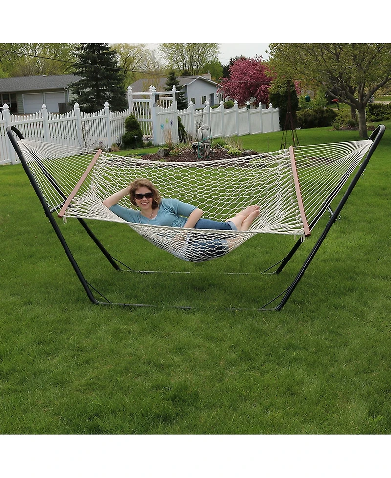 Cotton Double Wide Rope Hammock with Spreader Bars and Multi-Use Steel Stand - 450 Pound Capacity - Natural