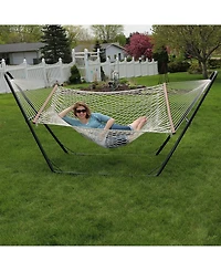 Cotton Double Wide Rope Hammock with Spreader Bars and Multi-Use Steel Stand - 450 Pound Capacity - Natural