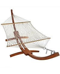 Cotton Double Wide 2-Person Rope Hammock with Spreader Bars and Curved Arc Wood Stand - 400 lb Weight Capacity /13' Stand