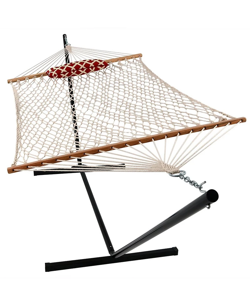 Cotton Rope Freestanding Hammock with Spreader Bar with Portable Steel Stand and Pad and Pillow Set - 12' Stand
