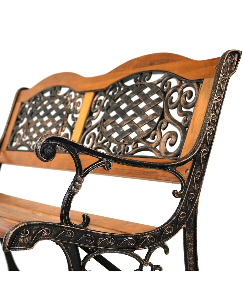 2-Person Ivy Crossweave Design Cast Iron and Wood Frame Outdoor Garden Bench
