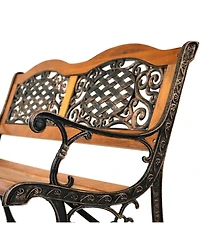 2-Person Ivy Crossweave Design Cast Iron and Wood Frame Outdoor Garden Bench