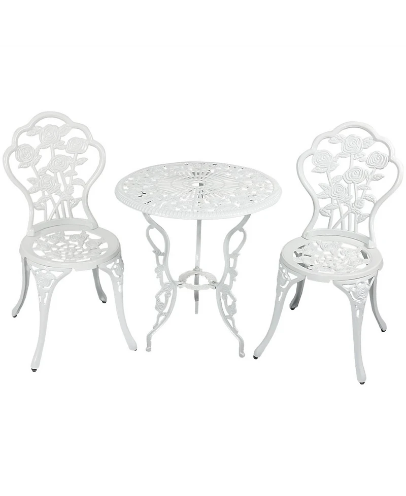 Flower Design Cast Aluminum Bistro Set with Cast Iron Legs, White, 3pc