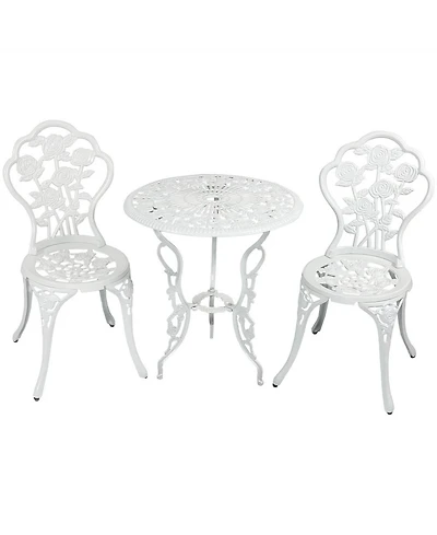Flower Design Cast Aluminum Bistro Set with Cast Iron Legs, White, 3pc