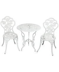 Flower Design Cast Aluminum Bistro Set with Cast Iron Legs, White, 3pc