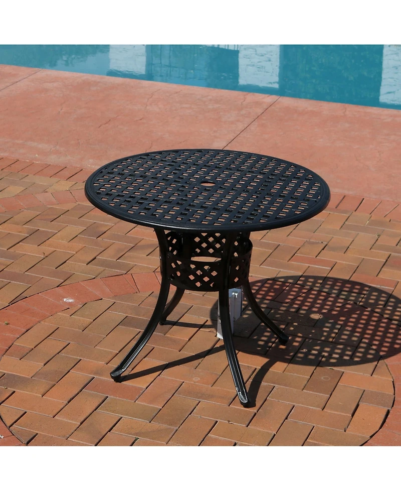 Round Lattice Design Cast Aluminum Outdoor Patio Table with Umbrella Hole, Black