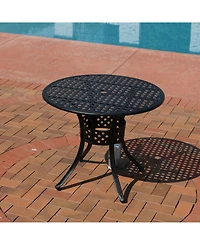 Round Lattice Design Cast Aluminum Outdoor Patio Table with Umbrella Hole, Black