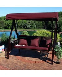 3-Seat Deluxe Patio Swing with Steel Frame and Canopy - 600-Pound Weight Capacity - Maroon Cushions Included