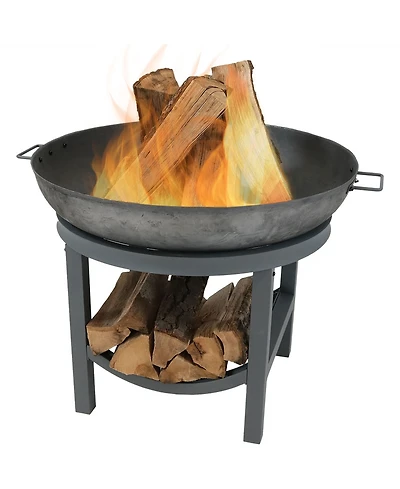 Outdoor Camping or Backyard Cast Iron Round Fire Pit with Built-In Log Rack - 30" - Dark Gray