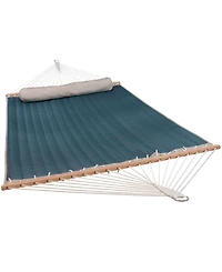 2-Person Outdoor Quilted Fabric Hammock with Spreader Bars with Freestanding Stand and Detachable Pillow - 350 lb Capacity - Tidal Wave