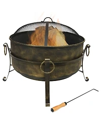Outdoor Camping or Backyard Round Cauldron Fire Pit with Spark Screen, Log Poker