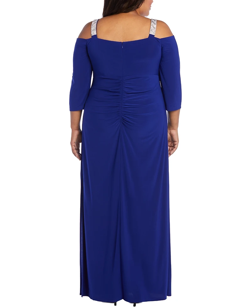 R & M Richards Plus Embellished Cold-Shoulder Gown