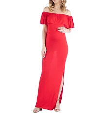 24seven Comfort Apparel Off Shoulder Ruffle Detail Maternity Maxi Dress