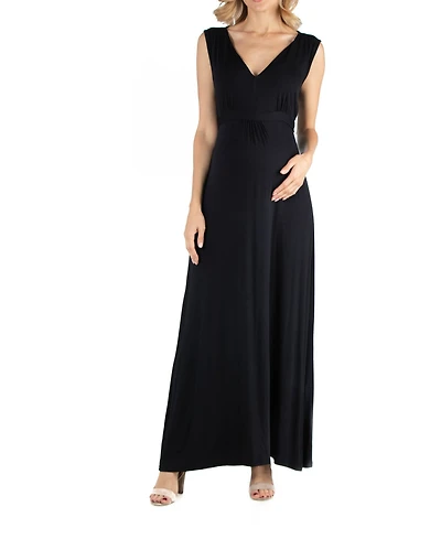 24seven Comfort Apparel V Neck Sleeveless Maternity Maxi Dress with Belt