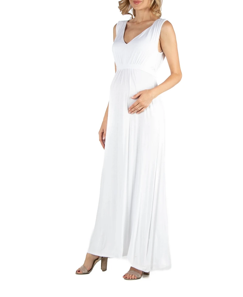 24seven Comfort Apparel V Neck Sleeveless Maternity Maxi Dress with Belt