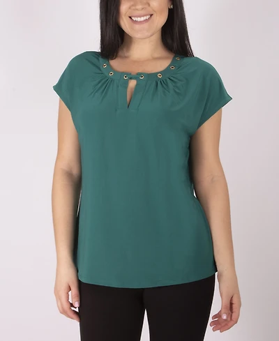 Plus Short Sleeve Jewel Neck Top with Grommets