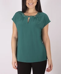 Plus Short Sleeve Jewel Neck Top with Grommets