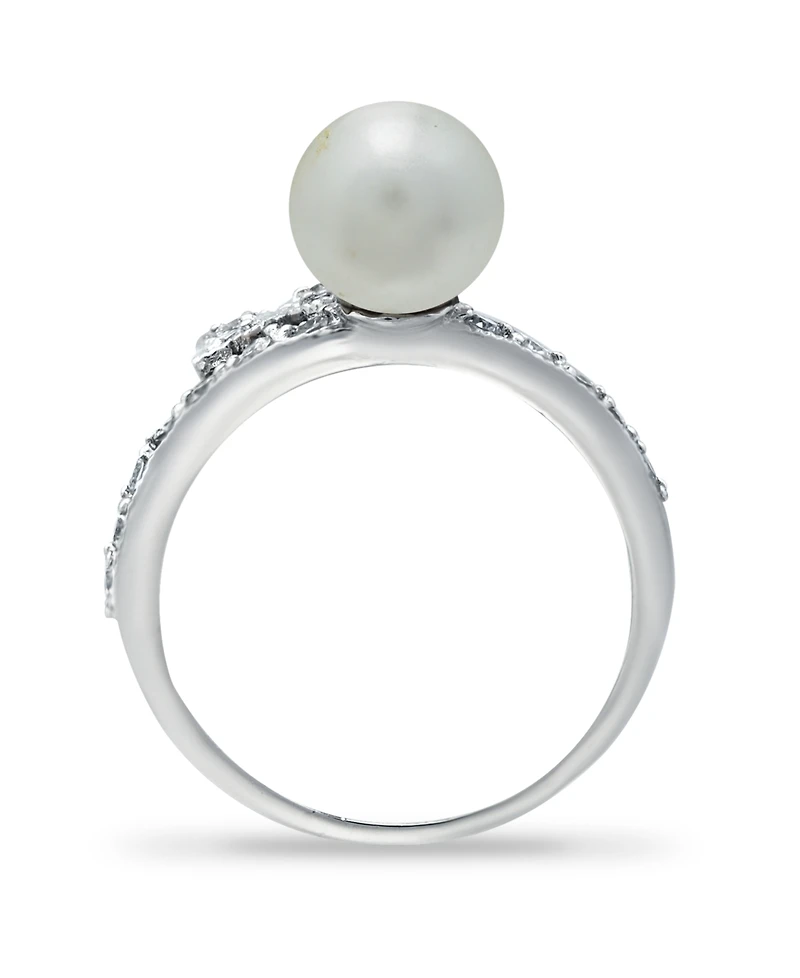 Imitation Pearl Cubic Zirconia Butterfly Ring Silver Plate