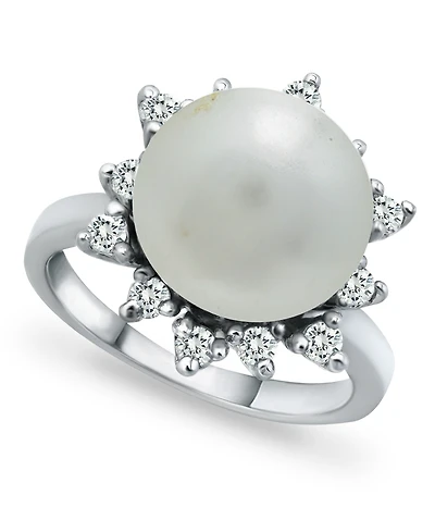 Imitation Pearl and Cubic Zirconia Halo Ring in Silver Plate