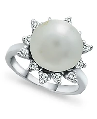 Imitation Pearl and Cubic Zirconia Halo Ring in Silver Plate