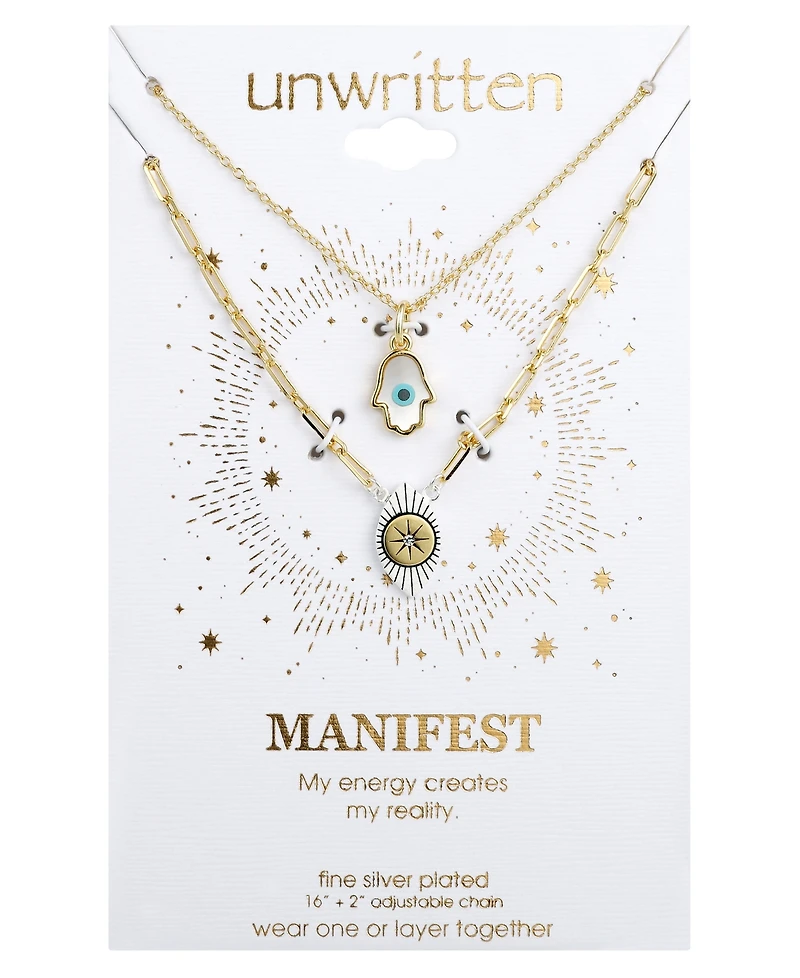 Unwritten 2 Pc. Set Hamsa Hand & Evil Eye Pendant Necklaces in Silver-Plate & Gold-Flash, 16" + 2" extender