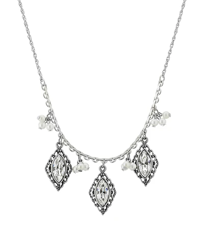2028 Silver-Tone Diamond Crystal Imitation Pearl Cluster Drop 16" Adjustable Necklace
