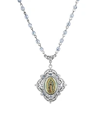 Symbols of Faith Silver-Tone Beaded Chain Mary Pendant 15" Adjustable Necklace